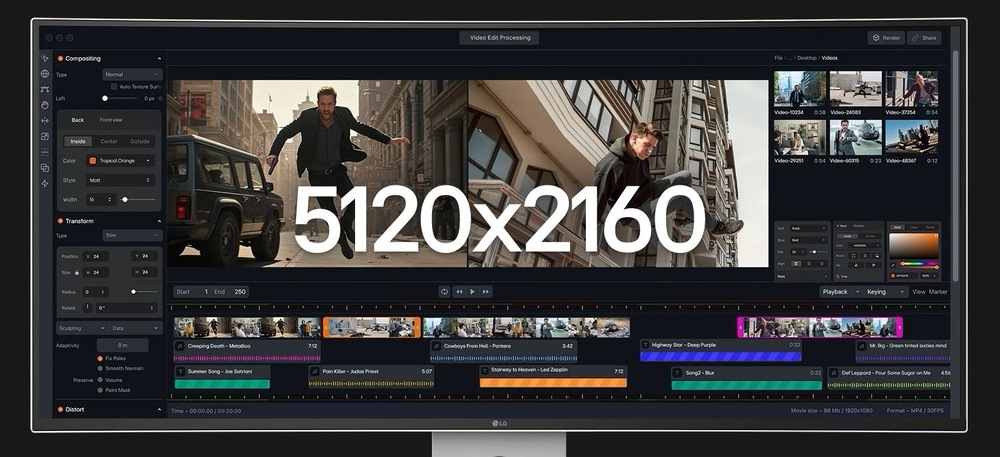 Širokouhlý monitor zobrazuje softvér pre strih videa s niekoľkými videoklipmi a časovými osami. Veľký text „5120x2160“ označuje vysoké rozlíšenie.