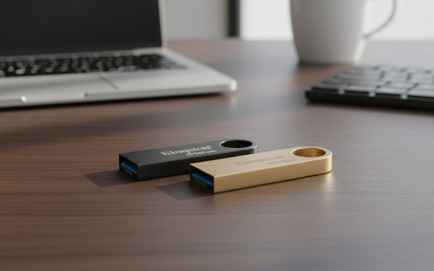 USB flashdisk Kingston DataTraveler SE9 G3 128GB čierny USB flashdisky Kingston DataTraveler SE9 G3 položené na pracovnom stole pred notebookom, ilustrujúce každodenné použitie v kancelárskom prostredí