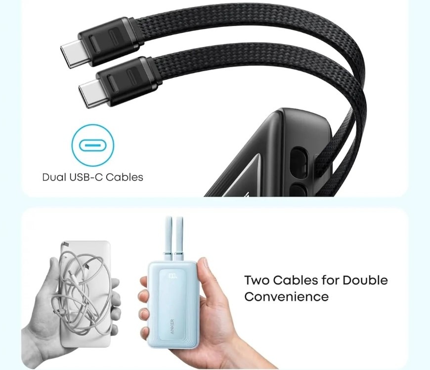 Powerbank Anker Anker Zolo 20000mAh, 45W s káblom USB-C čierny Detail duálnych káblov powerbanky Anker Zolo
