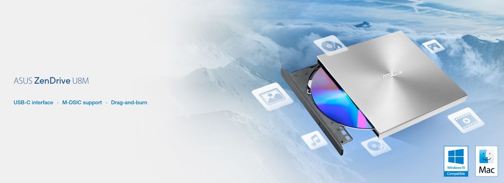 Elegantná napaľovačka ASUS ZenDrive U8M s kovovým povrchom, ktorá vysúva disk, a je zasadený do mäkkého horského pozadia. Kompatibilný s Windows a Mac a rozhraním USB-C.
