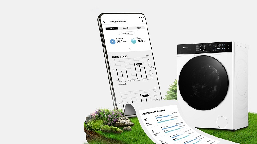 telefón s aplikáciou lifeconnect vedľa práčky hisense WF3I9043BWFS2