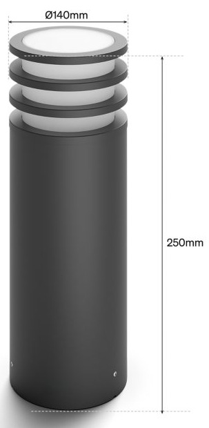 Svietidlo vonkajšie Philips Lucca Hue pedestal 1xA60 WCA čierne Rozmery svietidla Philips Lucca Hue s výškou 250 mm a priemerom 140 mm