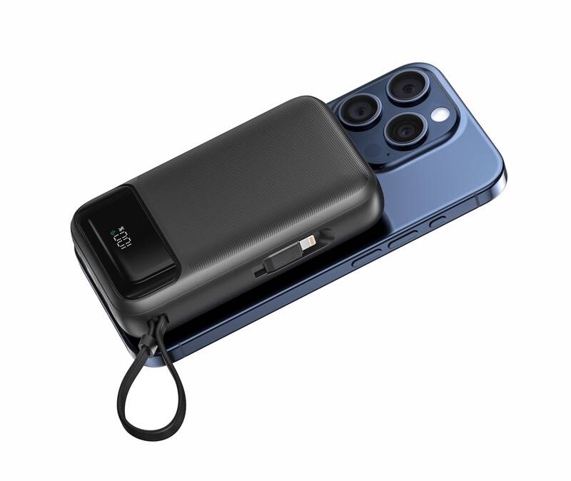 Powerbank Swissten 20000 mAh, PD 20W s integrovanými káblami USB-C a Lightning (kompatibilný s MagSafe) čierny