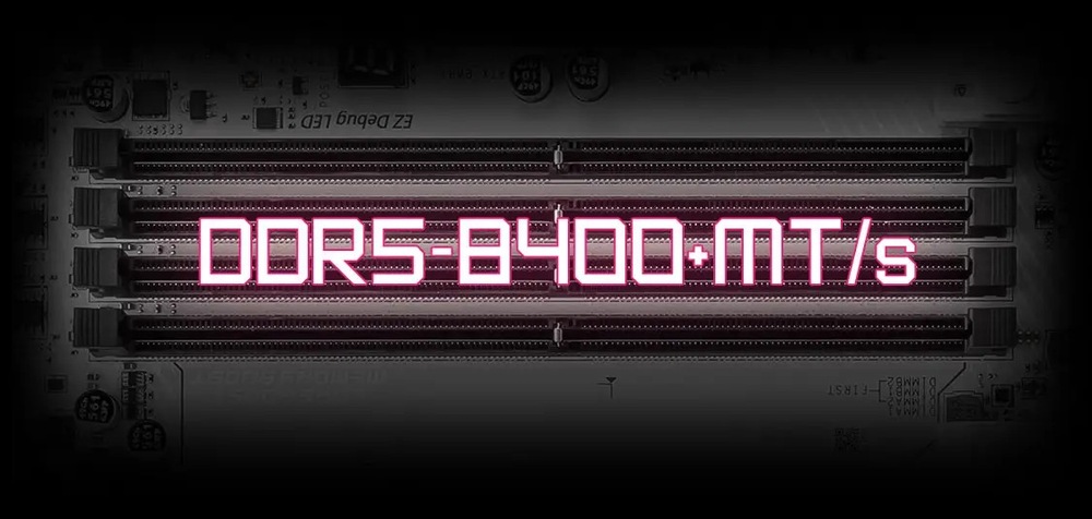 Základná doska MSI MPG B850 EDGE TI WIFI Zložitá sieť propo Detail základnej dosky počítača so štyrmi slotmi pre RAM, s neónovo ružovým textom „DDR5-8400+ MT/s“, ktorý znázorňuje vysokorýchlostnú pamäť. Ich čiar a žiariacich bodiek na tyrkysovom pozadí evokuje digitálny, futuristický pocit.