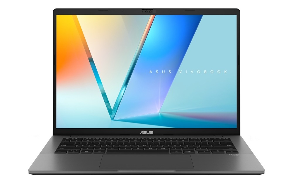 Notebook Asus Vivobook S14 strieborný Otvorený a zapnutý notebook ASUS Vivobook S 14″ width=