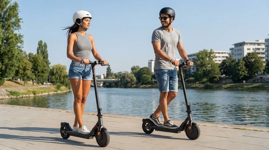 Elektrická kolobežka Sencor SCOOTER S25 čierna Muž a žena idú na elektrických kolobežkách Sencor SCOOTER S25 po cyklotrase pozdĺž rieky za slnečného dňa. Obaja majú nasadené helmy a počas jazdy pôsobia uvoľnene a spokojne. V pozadí sa rozprestiera pokojná vodná hladina, zeleň a mestská zástavba.