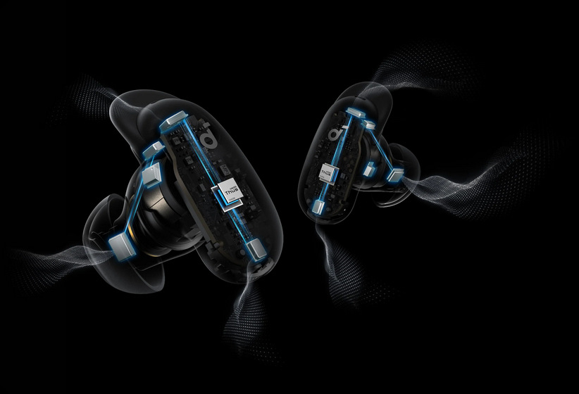 Slúchadlá Anker soundcore Liberty 5 Pro Max zlatá Prierezová vizualizácia vnútornej elektroniky oboch slúchadiel Soundcore Liberty 5 Pro Max.