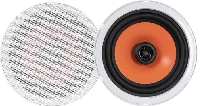 Reproduktory Fonestar KS-12B (2 ks) čierne/biele/oranžové Dva biele stropné reproduktory Fonestar, jeden s perforovanou mriežkou a druhý s odkrytým oranžovým meničom.