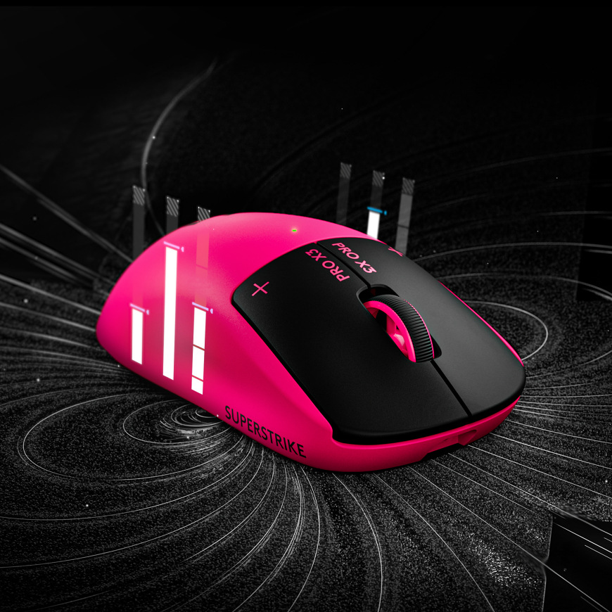 Myš Logitech G PRO X3 SUPERSTRIKE čierna Myš Logitech G PRO X3 Superstrike v produktovom zábere s grafickým pozadím a zvýraznením tvaru tela