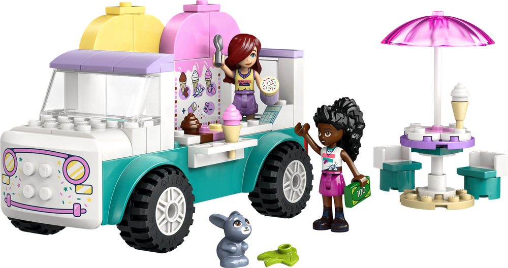 Stavebnica LEGO® Friends 42644 Zmrzlinárske auto v mestečku Heartlake Dve minibábiky a zajačik dávajú deťom priestor na hranie rolí a príbehy o priateľstve.