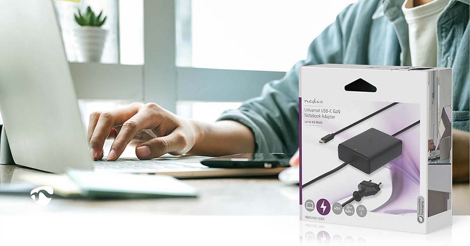 Sieťový adaptér Nedis GaN 45 W, univerzální, USB-C čierny Sieťový adaptér Nedis GaN 45 W, univerzální, USB-C čierny