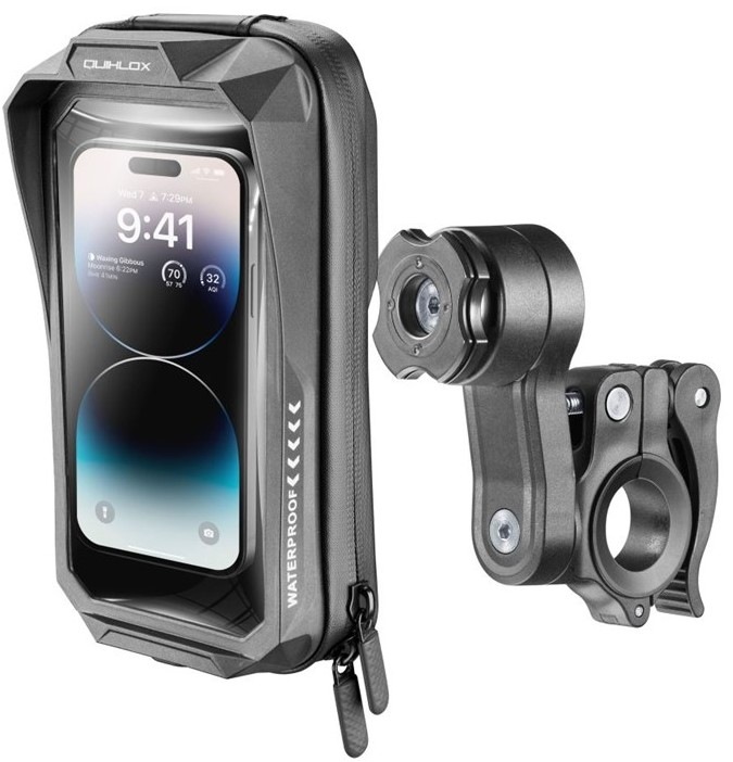 Držiak na mobil Interphone QUIKLOX, univerzálne vodeodolné púzdro na mobilné telefóny Waterproof, max. 7" + úchyt na riadidlá - čierny