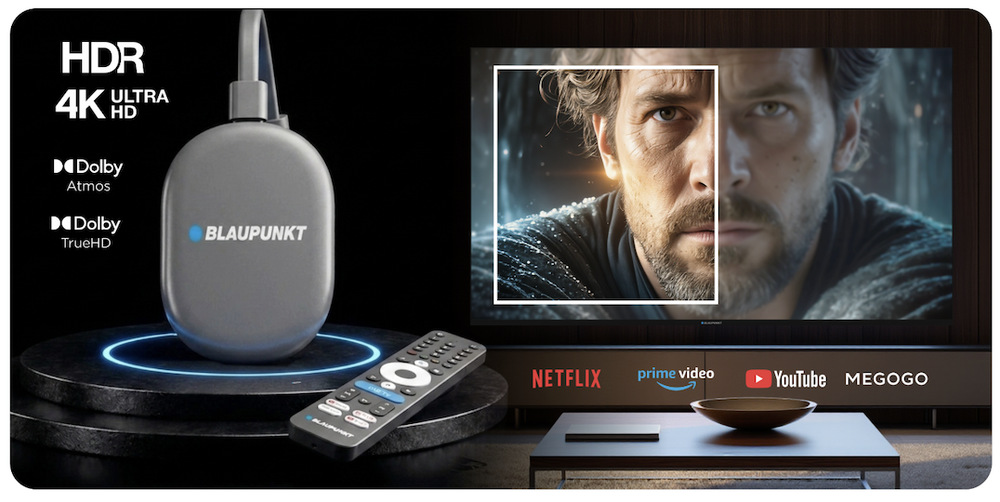 Multimediálne centrum Blaupunkt A-Stream Stick Gen2 čierne Blaupunkt A-Stream Stick Gen2 s ovládačom pri televízore s podporou 4K HDR a Dolby Atmos