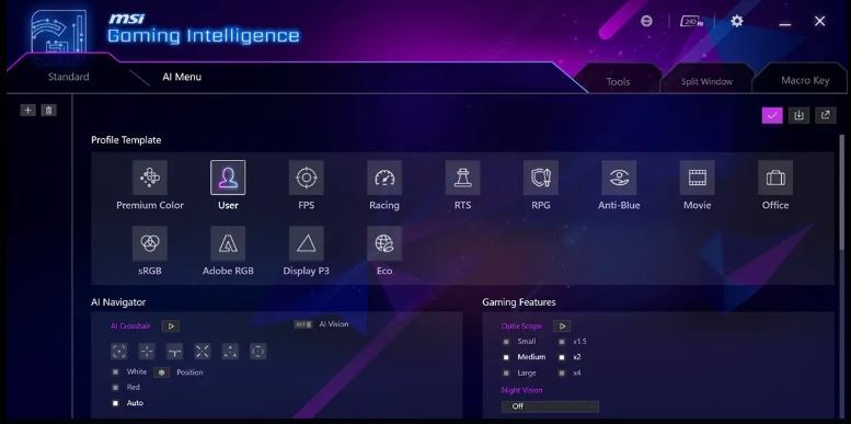 Softvér MSI Gaming Intelligence pre nastavenie herného monitora MSI MPG 341CQR QD-OLED X36