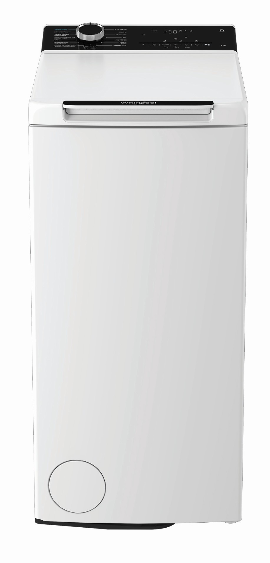 Vrchom plnená práčka Whirlpool TW721DBSWCS, biela farba.