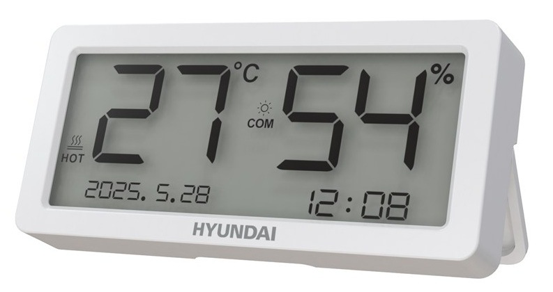 Teplomer Hyundai WS 1015 zobrazujúci vnútornú teplotu, dátum a čas