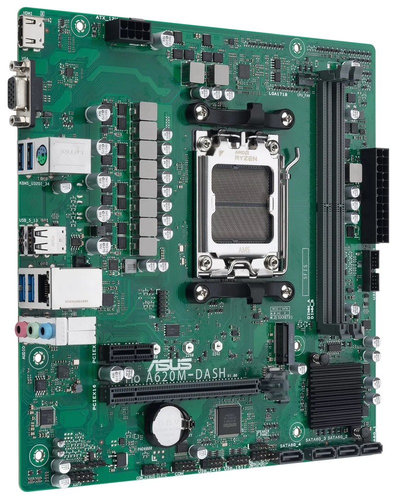 Základná doska Asus Pro A620M-DASH-CSM Pohľad na dosku zhora. Na snímke sú vidieť jednotlivé časti dosky - sloty pre pamäte, grafiku, CPU, chladiče. Na boku vidíme porty na pripojenie externých zariadení.