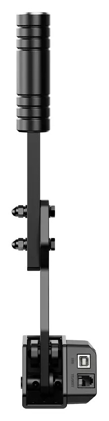 Záber na ručnú brzdu s valcovou rukoväťou, nastaviteľným ramenom a štvorcovou základňou s USB a ethernetovým portom.