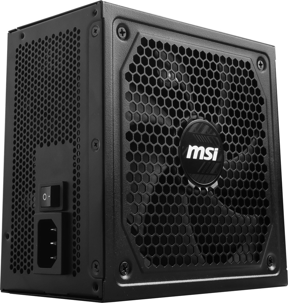 Zdroj MSI MAG A1250GL PCIE5 Na snímke je vyfotený zdroj postavený na bočnej strane a môžeme vidieť ventilátor skrytý za mriežkou a stenu s vypínačom a zásuvkou napájania zo siete.