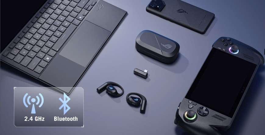Slúchadlá Asus ROG Cetra Open Wireless čierne Headset Asus ROG Cetra Open Wireless s podporou 2,4 GHz pripojenia a Bluetooth vedľa herných zariadení