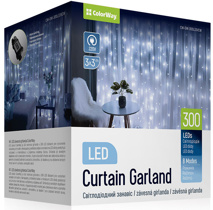 Vianočné osvetlenie ColorWay vnútorné, 300 LED, 3× 3m, 220–240V AC, studená biela