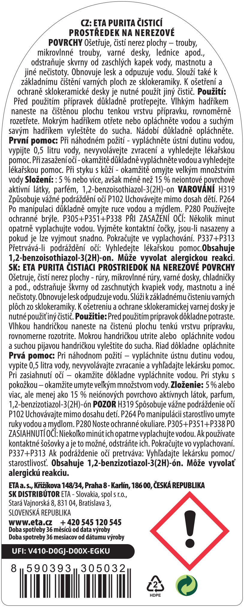Čistiaci prostriedok na nerezové povrchy ETA PURITA 9958 90000 ETA Purita varovanie