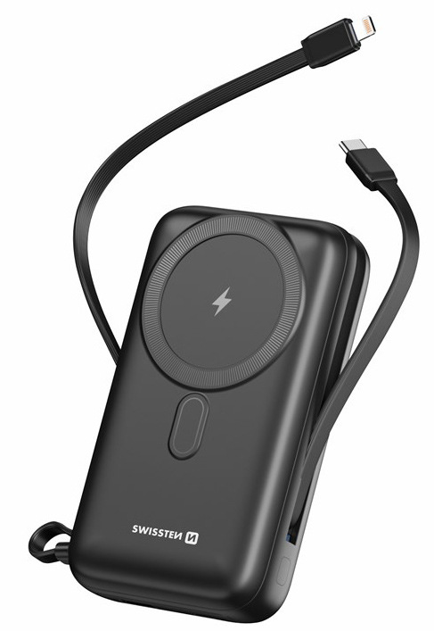 Powerbank Swissten 20000 mAh, PD 20W s integrovanými káblami USB-C a Lightning (kompatibilný s MagSafe) čierny