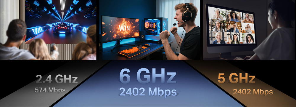 Wi-Fi adaptér TP-Link Archer TXE73E AXE5400 čierny Pásmo 6GHz zaisťuje rýchle, plynulé a stabilné pripojenie bez rušenia staršími zariadeniami