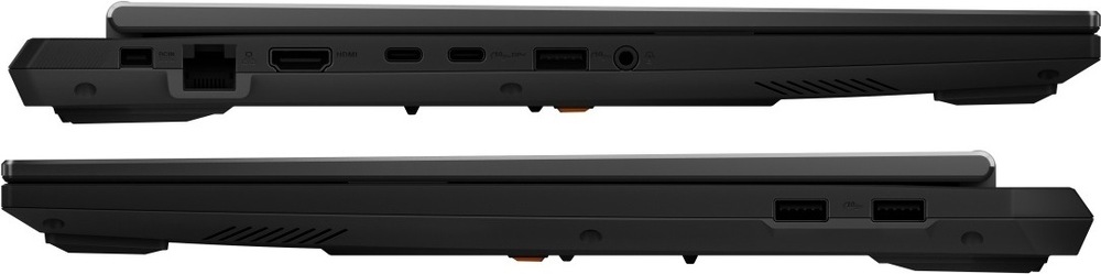 Notebook Asus TUF Gaming A16 sivý Ľavý a pravý bok laptopu Asus TUF Gaming A16 s prehľadom dostupných konektorov
