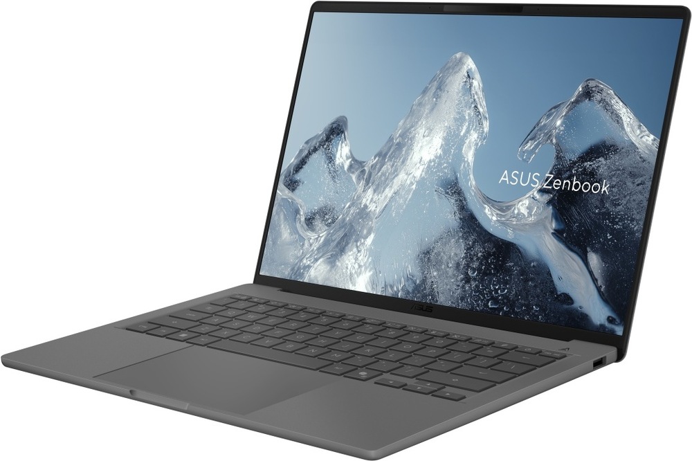 Notebook Asus Zenbook A14 sivý Notebook ASUS Zenbook A14 v otvorenej polohe s tenkými rámčekmi displeja