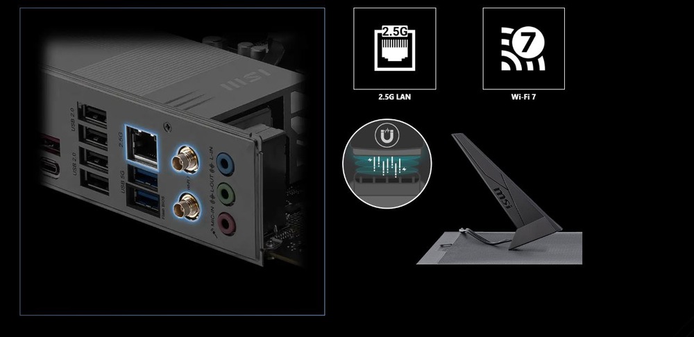 Základná doska MSI PRO B840-P WIFI Detail zadných portov počítača s ethernetovými, USB a audio konektormi. Ikony zobrazujú 5G LAN a Wi-Fi 7. Na pravej dolnej strane vidíme anténu.