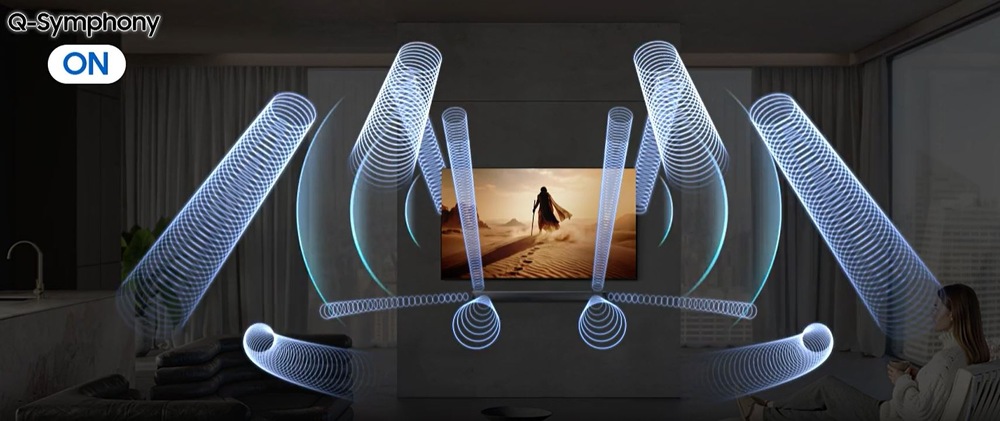 Soundbar Samsung HW-Q990H čierny prúdy zvuku vedúce zo soundbaru Samsung a televízie Samsung. Na televízii je obraz muža v púšti.
