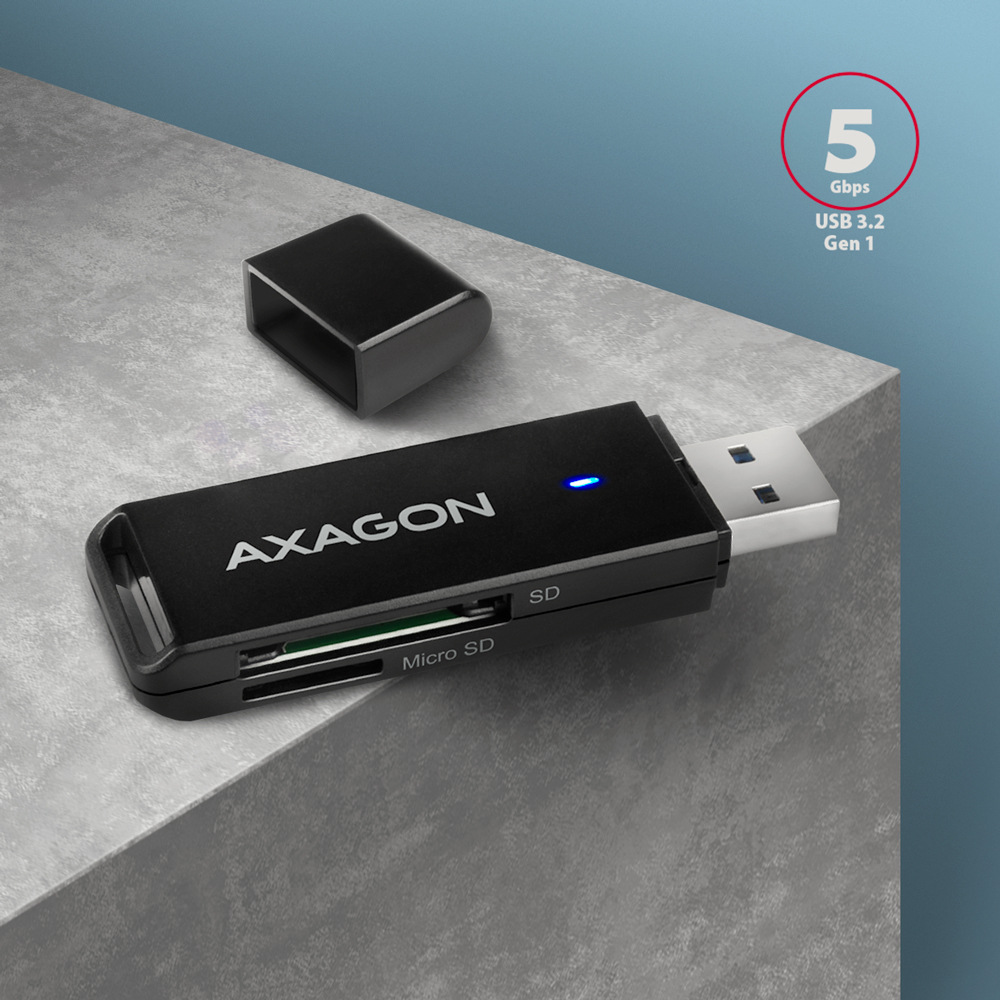 Čítačka pamäťových kariet Axagon Card Reader USB-A 3.2 Gen 1, 2-slot & lun SD/microSD, UHS-I čierna Axagon Card Reader USB-A 3.2 Gen 1 podporuje prenosové rýchlosti až 5 Gbit/s