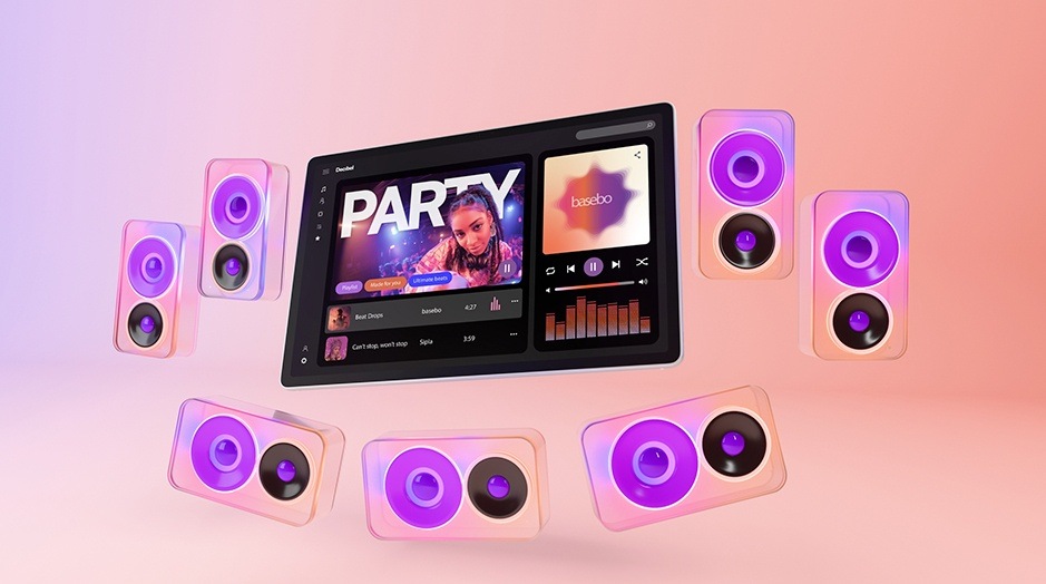 Tablet Lenovo Tab Plus Gen 2 8 GB / 128 GB + ochranné pouzdro biely Tablet Lenovo Tab Plus Gen 2 so zapnutou hudbou a symbolmi reproduktorov