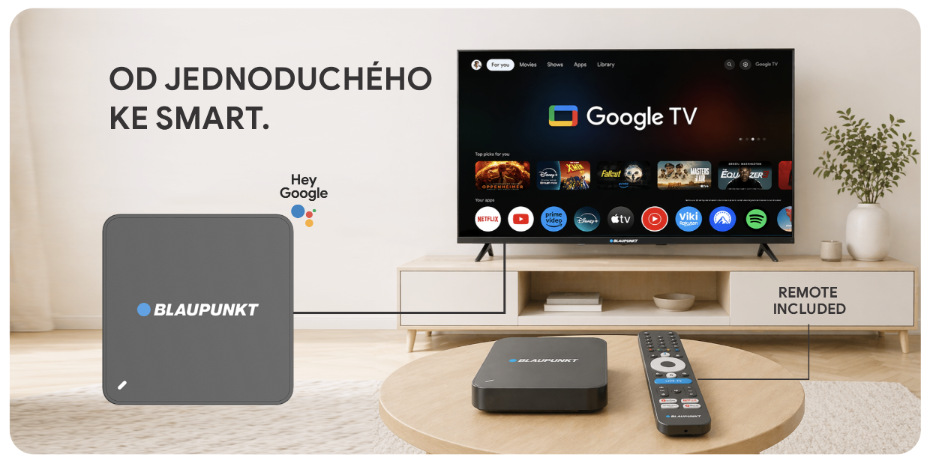Multimediálne centrum Blaupunkt B-Stream Box Gen3 čierne Multimediálne centrum s ovládačom pripojené k televízoru s prostredím Google TV
