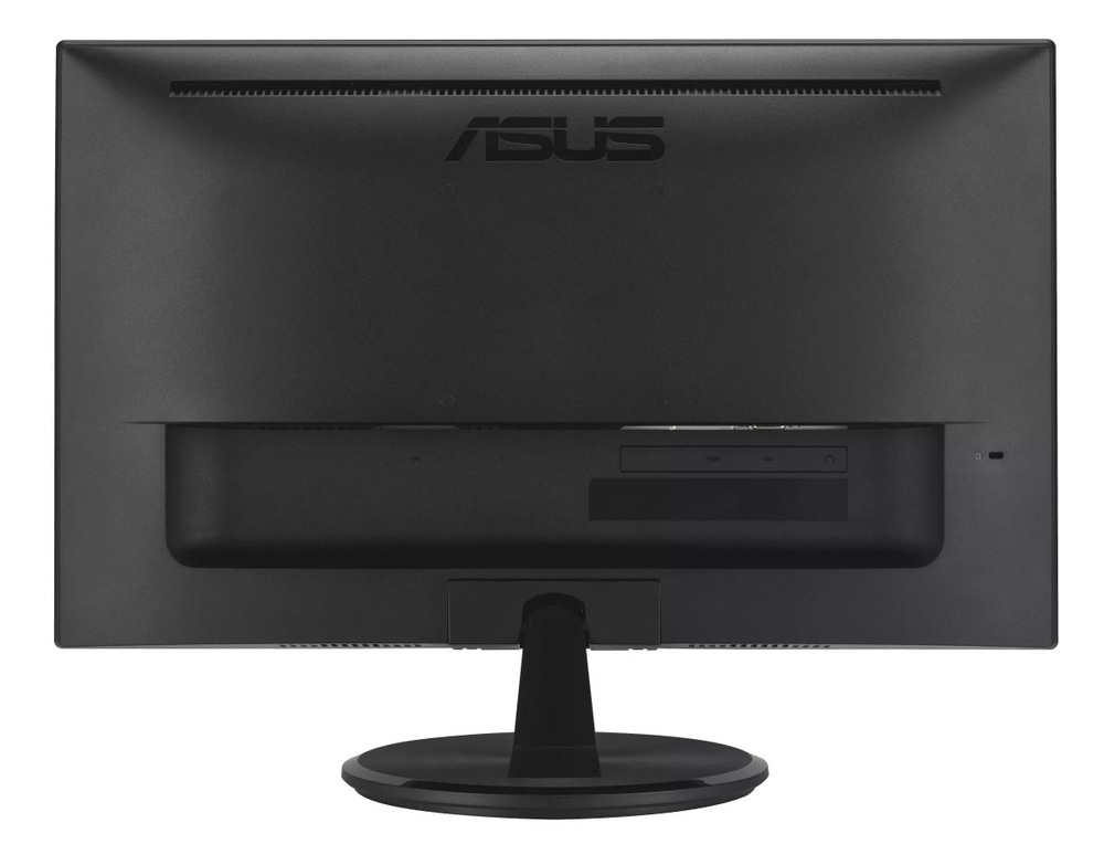 Herný monitor Asus VP227HF čierny Zadný pohľad na čierny počítačový monitor ASUS so širokým stojanom, ktorý ukazuje elegantný a moderný dizajn. V hornej časti je viditeľné logo značky.