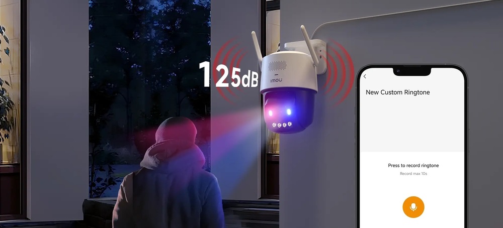 IP kamera Imou Titan Pro biela Vonkajšia IP kamera Imou Titan Pro je pripevnená na fasáde domu a aktivuje svetelný aj zvukový alarm. Červené a modré svetlo mieri na osobu pred domom, zatiaľ čo nápis 125 dB ukazuje hlasitosť sirény. Vpravo je mobilná aplikácia pre nahranie vlastnej výstražnej melódie.