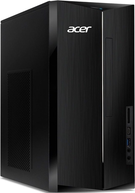 Na obrázku je stolný počítač Acer Aspire TC-1860 v čiernom prevedení z predného šikmého pohľadu. Skriňa má vysoký hranatý tvar, jemne ryhovaný čelný panel a biele logo Acer v hornej časti. Uprostred prednej strany vedie úzka strieborná linka a vpravo je zvislý panel s čítačkou kariet, porty USB-C a USB-A a dvoma audio konektormi. Ľavý bočný panel má veľkú perforovanú vetraciu mriežku na chladenie.
