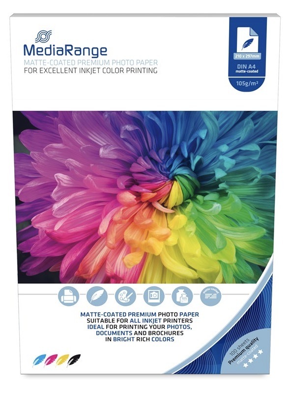 Matný fotopapier MediaRange s gramážou 105 g/m2, biela farba
