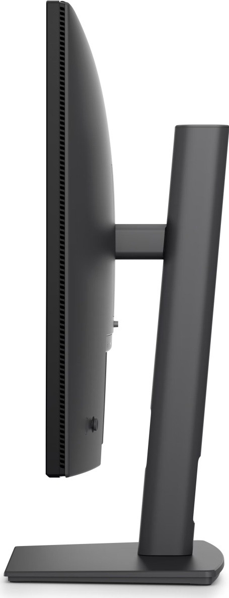 Bočný pohľad na čierny monitor Dell Pro P2426E s tenkým panelom, vetracími otvormi, stredovým stojanom a plochou obdĺžnikovou základňou.