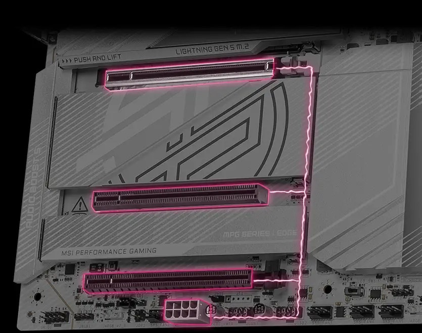 Základná doska MSI MPG X870E EDGE TI WIFI Detailný záber základnej dosky s vyznačenými PCI slotmi a ružovo svietiacimi obvodmi. Dizajn pôsobí technicky a moderne a vyžaruje inovatívnosť.