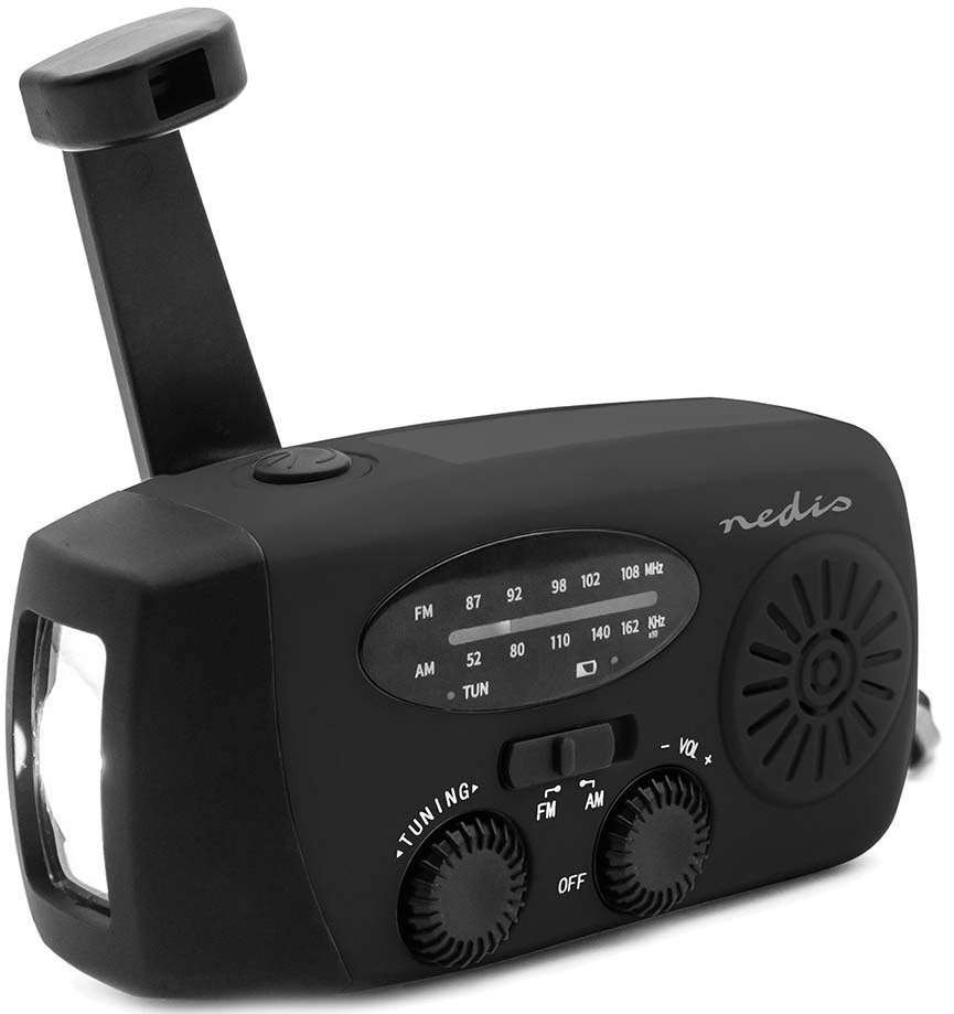 Bočný pohľad na rádio Nedis RDFMCR2000BK s integrovanou LED baterkou a pútkom na zápästie.