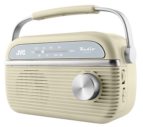 Béžové analógové rádio JVC RA-E215Y v retro dizajne so strieborným otočným ovládačom a praktickým madlom