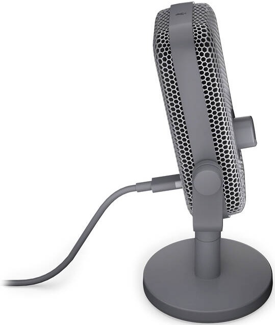 Mikrofón ENDORFY Solum Voice S , pop-up , RGB sivý Pohľad z boku na šedý mikrofón Endorfy so stojanom a pripojeným USB káblom.