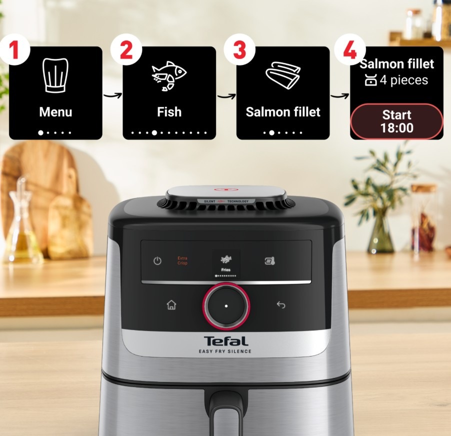 Fritéza teplovzdušná Tefal Easy Fry Smart&Silence EY572DE1, 5 l čierna/nerez Fritéza teplovzdušná Tefal EY572DE1 Easy Fry Smart&Silence 5 l a motívy menu