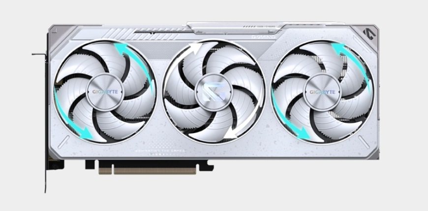 Grafická karta GIGABYTE Radeon RX 9070 XT GAMING OC ICE 16G biela Prietok vzduchu trojice ventilátorov WINDFORCE pri grafickej karte GIGABYTE RX 9070 XT