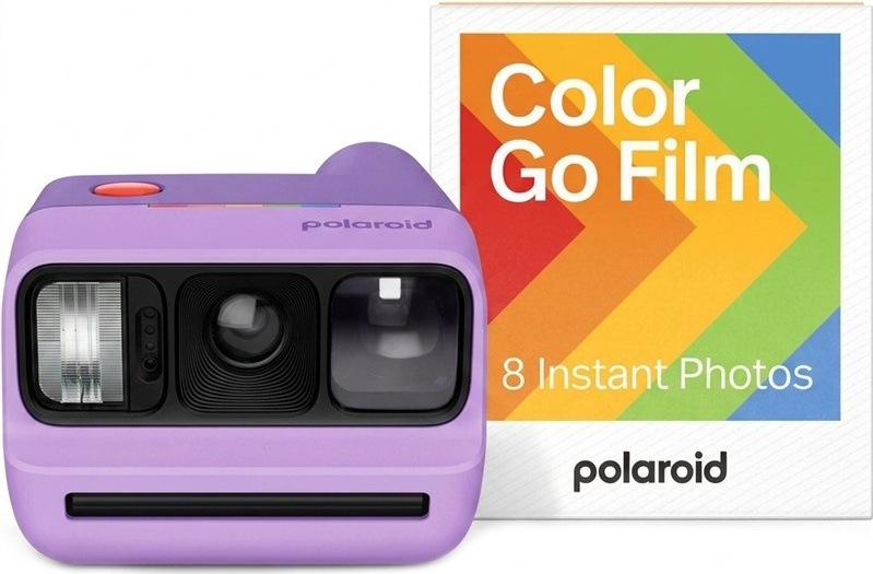 Instantný fotoaparát Polaroid Go Gen 3 v balení s farebným filmom, fialová farba