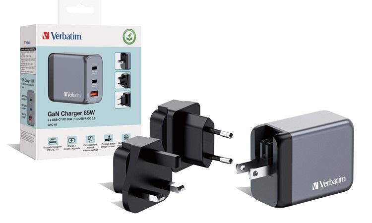 Cestovný adaptér Verbatim GNC-65 GaN 65W, 2x USB-C PD 65W, 1x USB-A QC 3.0 strieborný Cestovný adaptér Verbatim GNC-65 GaN 65W, 2x USB-C PD 65W, 1x USB-A QC 3.0 strieborný