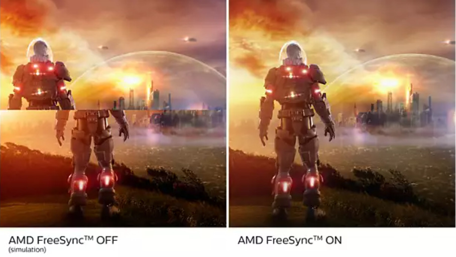 Monitor Philips 272E1CA Dva obrázky robota na planéte porovnávajúce obraz bez a s technológiou AMD FreeSync