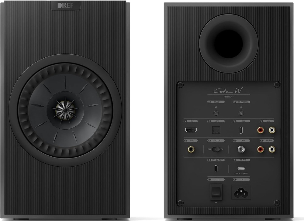 Reproduktory KEF Coda W (2 ks) čierne Aktívny reproduktor KEF Coda W spredu a zozadu s prehľadom konektorov vrátane HDMI, USB-C, optického vstupu, RCA a výstupu pre subwoofer